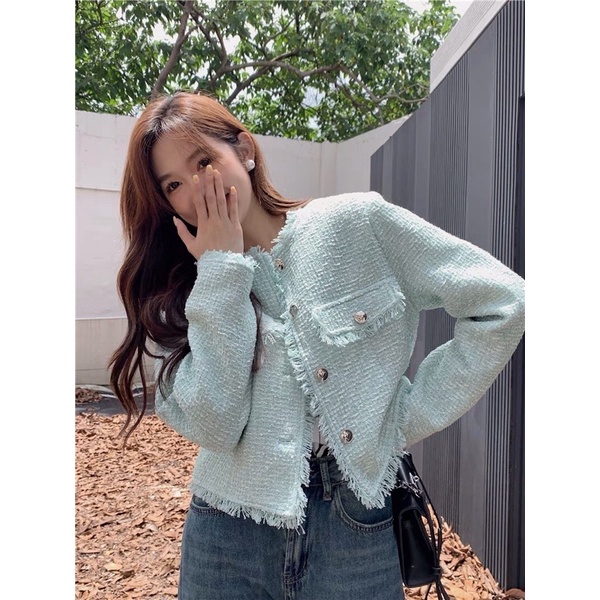 Áo khoác dạ tweed màu xanh mint cổ tròn thu đông 2022