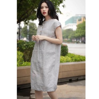 Đầm suông tay hến cúc ngực thêu hoa SLINEN, chất vải Linen bột Premium, form suông không kén dáng - DS47