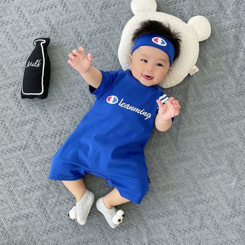 Bộ áo liền quần bằng cotton nguyên chất tay ngắn và băng đô dễ thương thời trang mùa hè cho bé sơ sinh