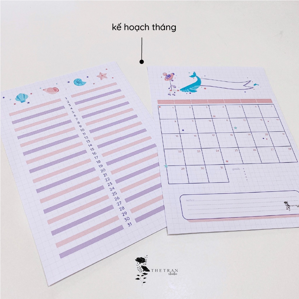 Bộ 4 tờ ghi chú kế hoạch hàng ngày tuần tháng A5 chủ đề đại dương / ocean planner / thetranstudio