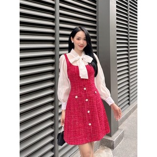 [Ảnh thật + video] Đầm dạ tweed đỏ phối tơ