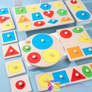 Bảng xếp hình núm gỗ, giáo cụ montessori cơ bản giúp bé phát triển vận động tinh và học hình dạng BAO NGON TOYS DG140