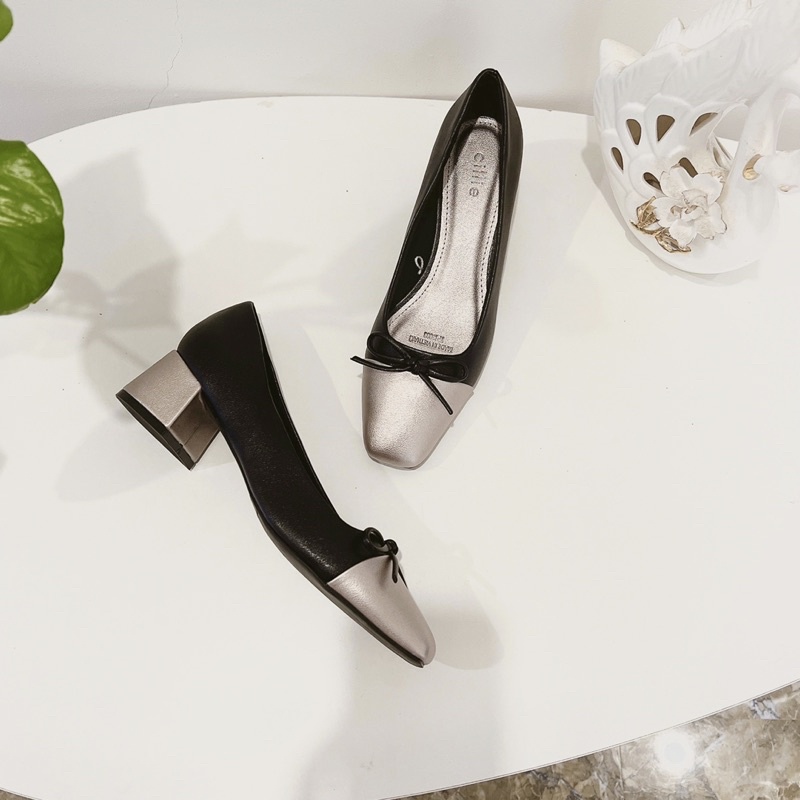 Giày phối màu nơ nhí gót vuông 4cm - 1078
