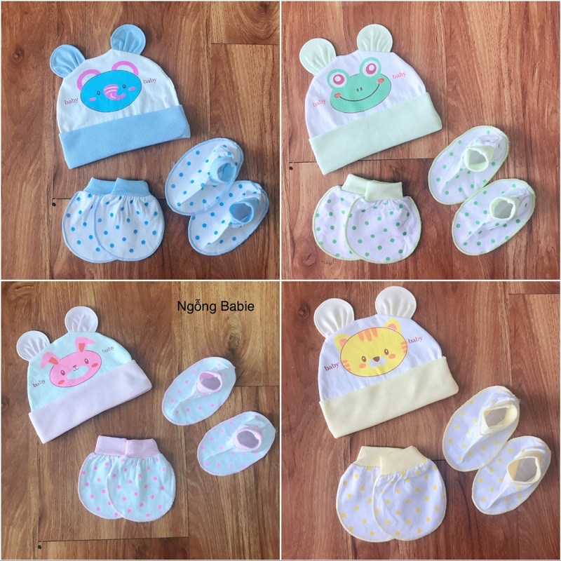 Mũ + Bao tay chân sơ sinh 0-3M chất cotton