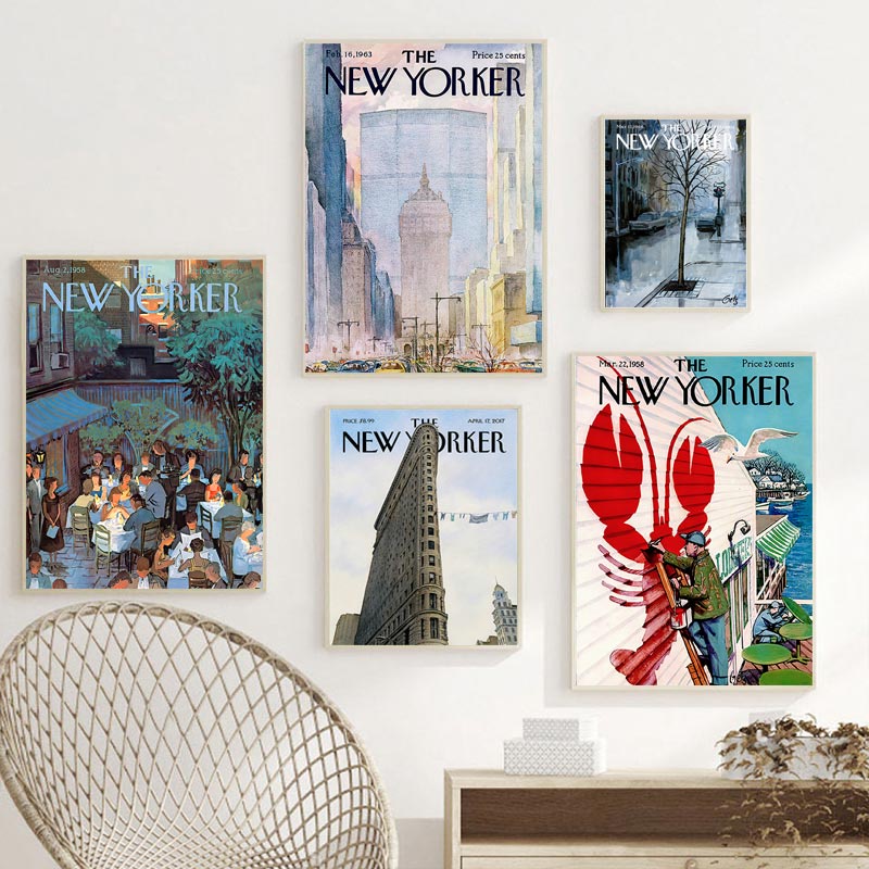 Tranh Vải Bạt Treo Tường In Hình Tạp Chí New Yorker Kiểu Vintage Bắc Âu Trang Trí Nhà Cửa