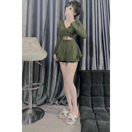 Set áo tay dài dây rút váy bèo