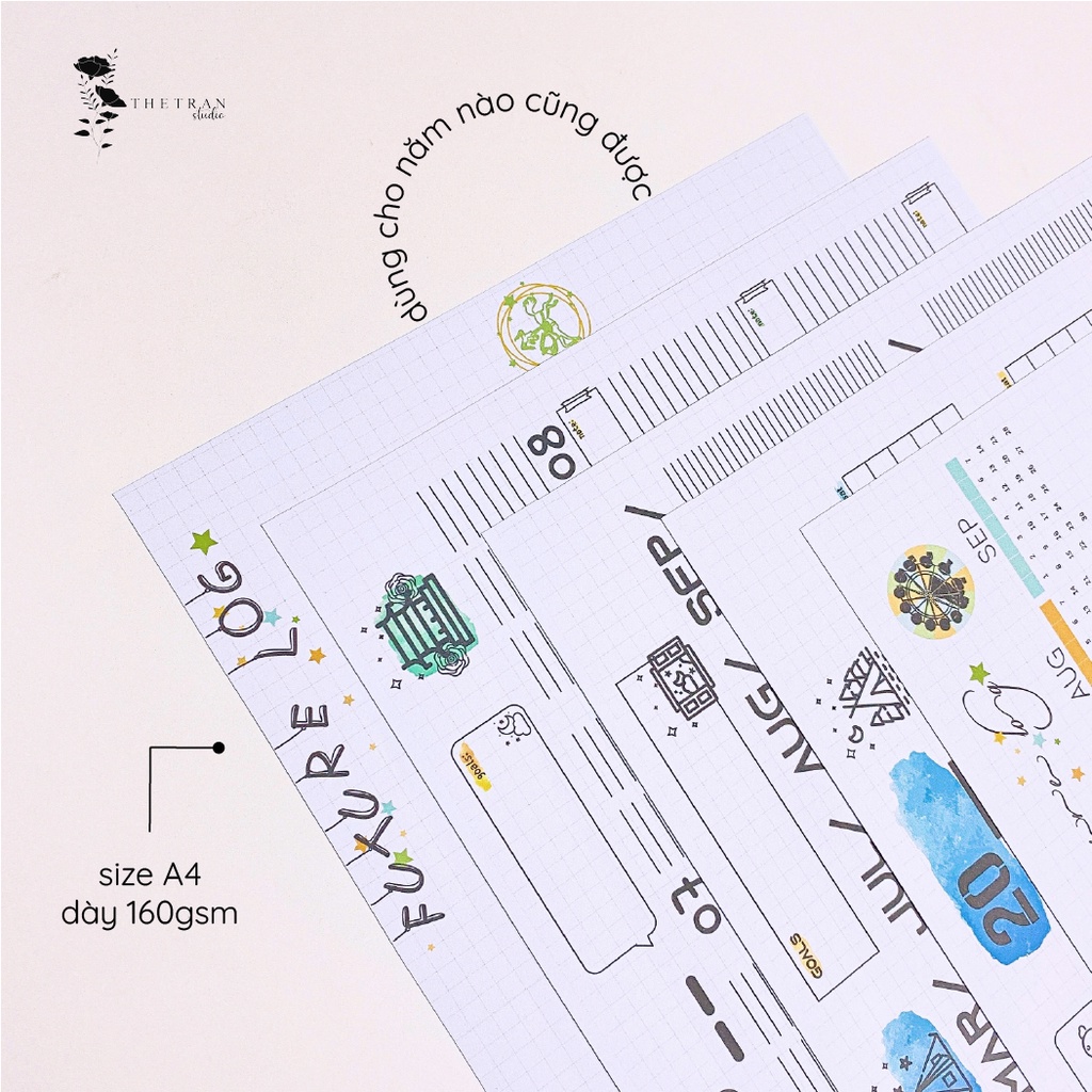 Bộ 5 tờ lịch ghi chú kế hoạch A4 dùng cho tất cả các năm chủ đề rạp xiếc / circus future log / thetranstudio