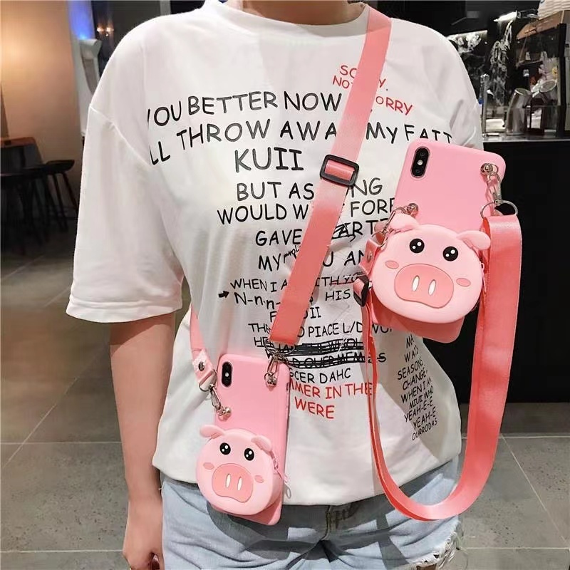 Ốp Điện Thoại Mềm In Hình Heo Hồng Kèm Dây Đeo Cho iPhone 14 13Pro 12Promax 11 X XS XR XSMAX 5 6 7 8Plus