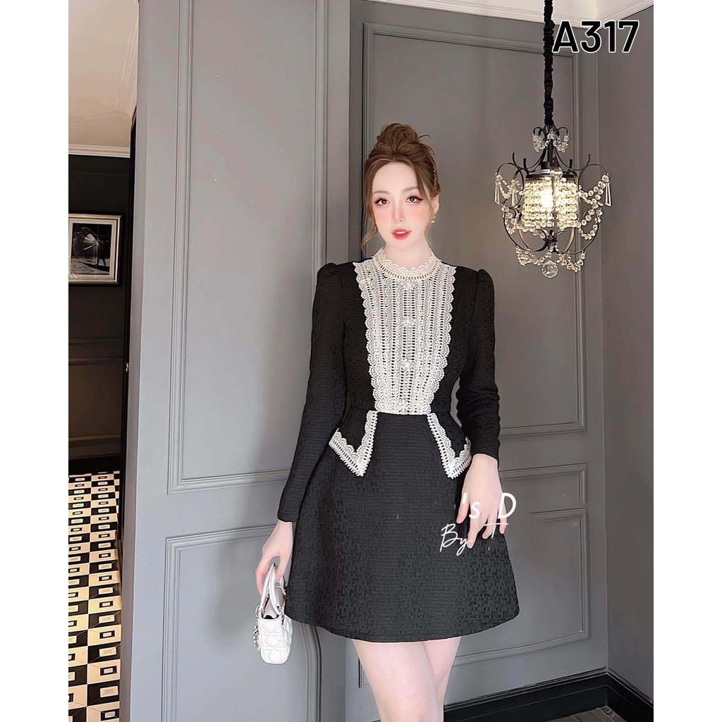 Đầm dạ phối ren đính khuy đá dài tay sang chảnh