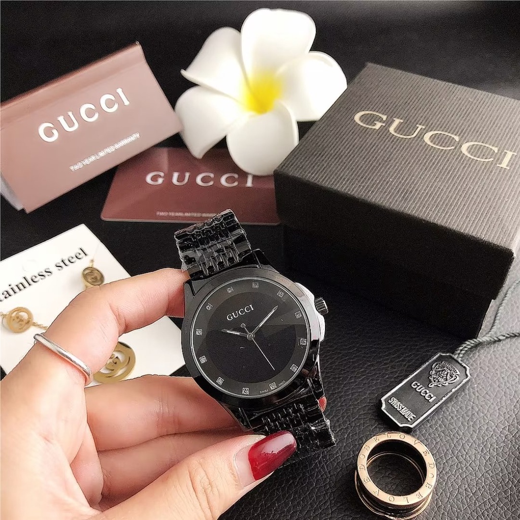 Đồng Hồ Đeo Tay Gucci Mặt Tròn Dây Da Phối Thép Không Gỉ Thời Trang Cho Cặp Đôi