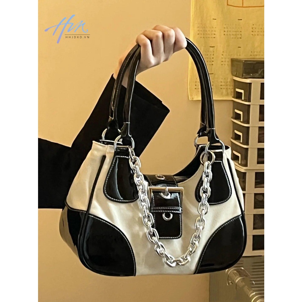 Vico Túi Canvas Đeo Vai / Kẹp Nách Chất Liệu Da Bóng Phối Dây Xích Kim Loại Thời Trung Cổ Ngọt Ngào Cho Nữ