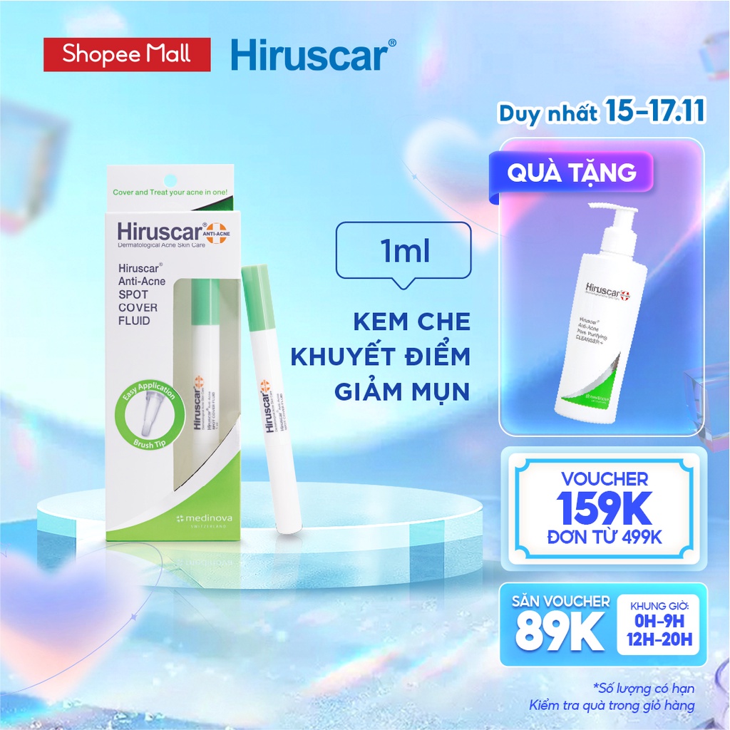 Kem che khuyết điểm và ngăn ngừa mụn Hiruscar Anti Acne Spot Cover Fluid 1ML