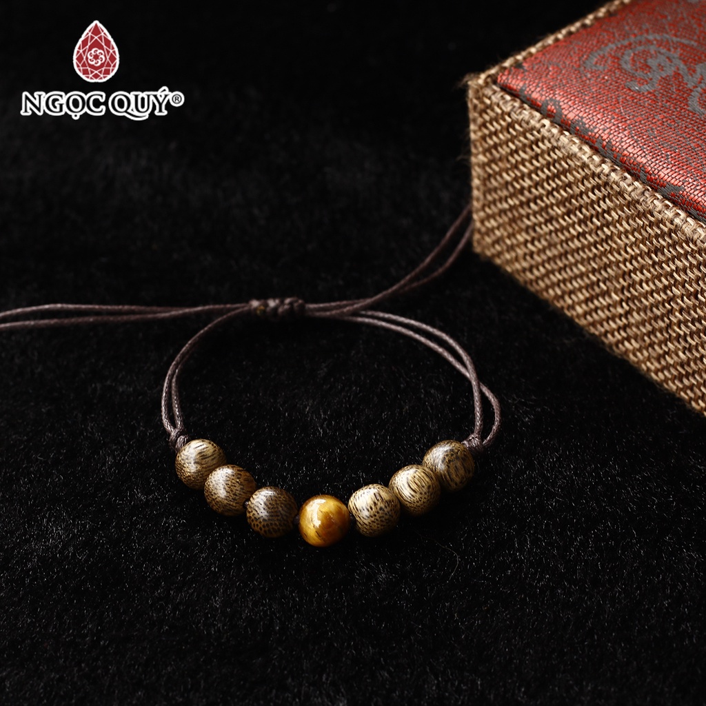 Vòng trầm tốc thắt dây phối đá mắt hổ vàng nâu - Ngọc Quý