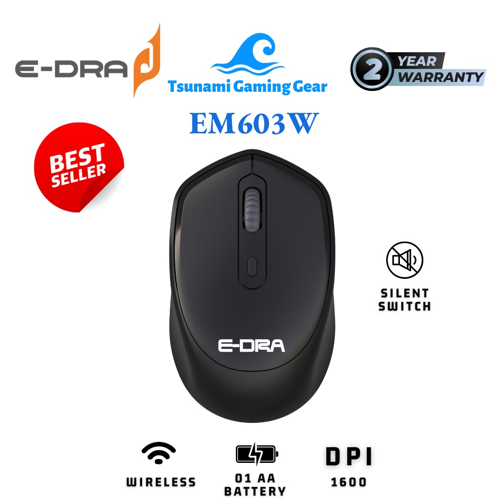 Chuột không dây E-DRA EM603W Black I Silent Switch I Wireless BH 2 năm chính hãng