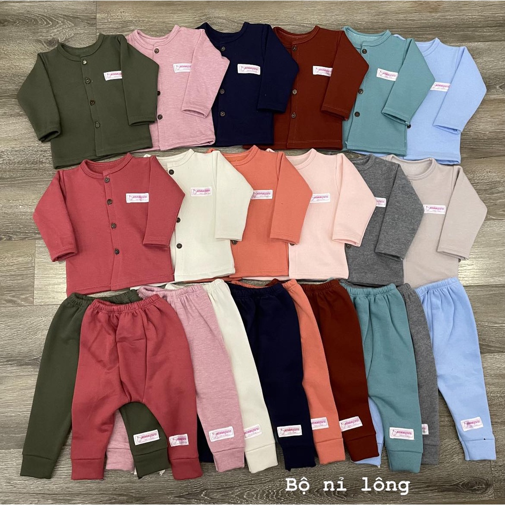 Bộ nỉ lông cúc giữa màu trơn cho bé, bộ dài thu đông cho bé trai bé gái