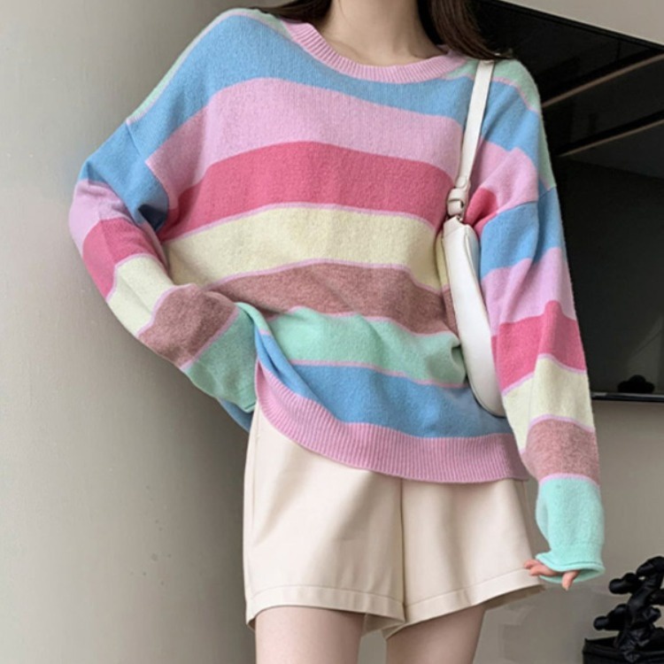 Áo Sweater Dệt Kim Cổ Tròn Tay Dài Dáng Rộng Họa Tiết Kẻ Sọc Màu Sắc Tương Phản Thời Trang Thu Đông 2021 Cho Nữ