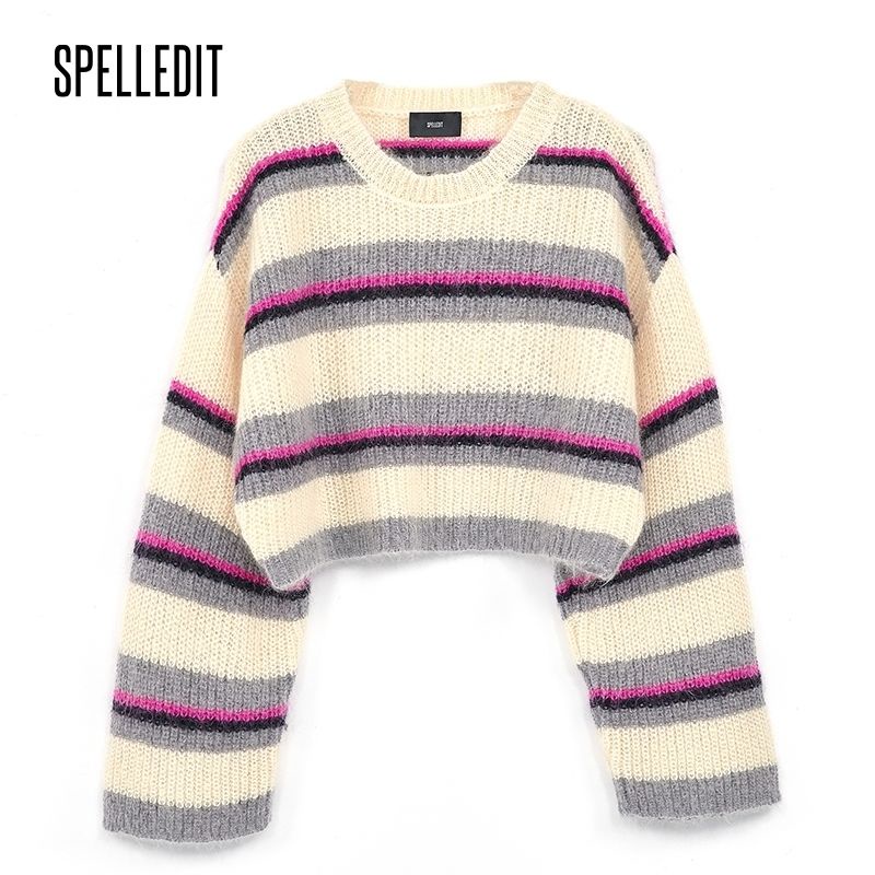 Áo Sweater Tay Dài Cổ Tròn Kẻ Sọc Màu Tương Phản Kiểu Retro Nhật Bản Thời Trang Thu Đông Cho Nữ