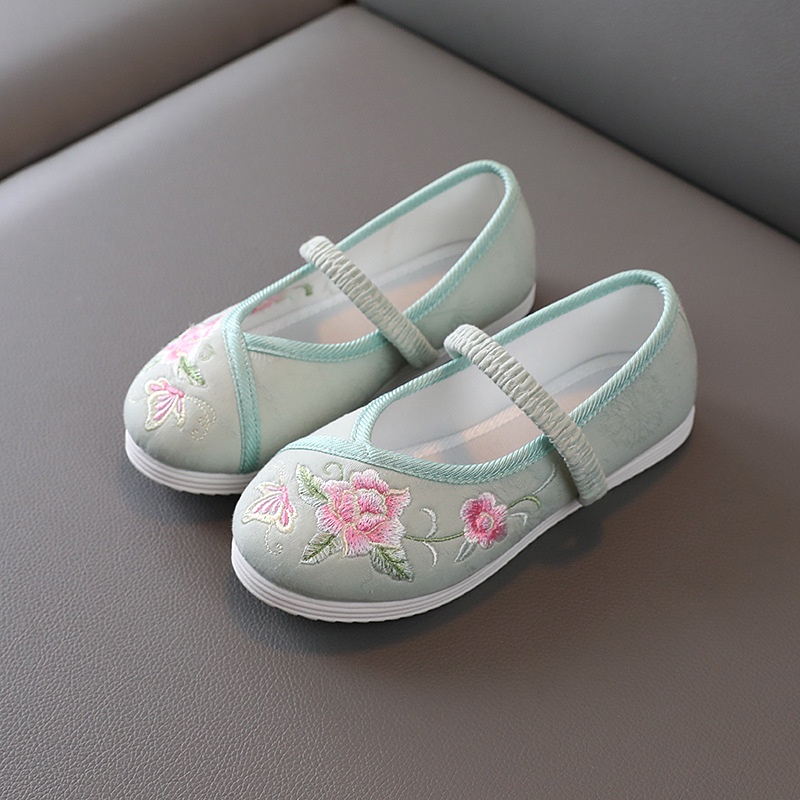 Giày Búp Bê Vải Thêu Hoa Phong Cách Trung Hoa Xinh Xắn Mềm Mại Chống Trượt Dành Cho Bé Gái
