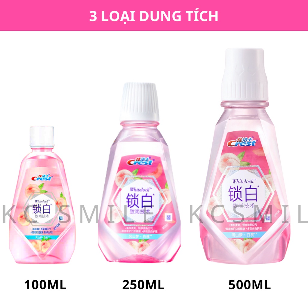 Nước súc miệng Crest quả đào White Lock làm trắng răng cho hơi thở thơm mát