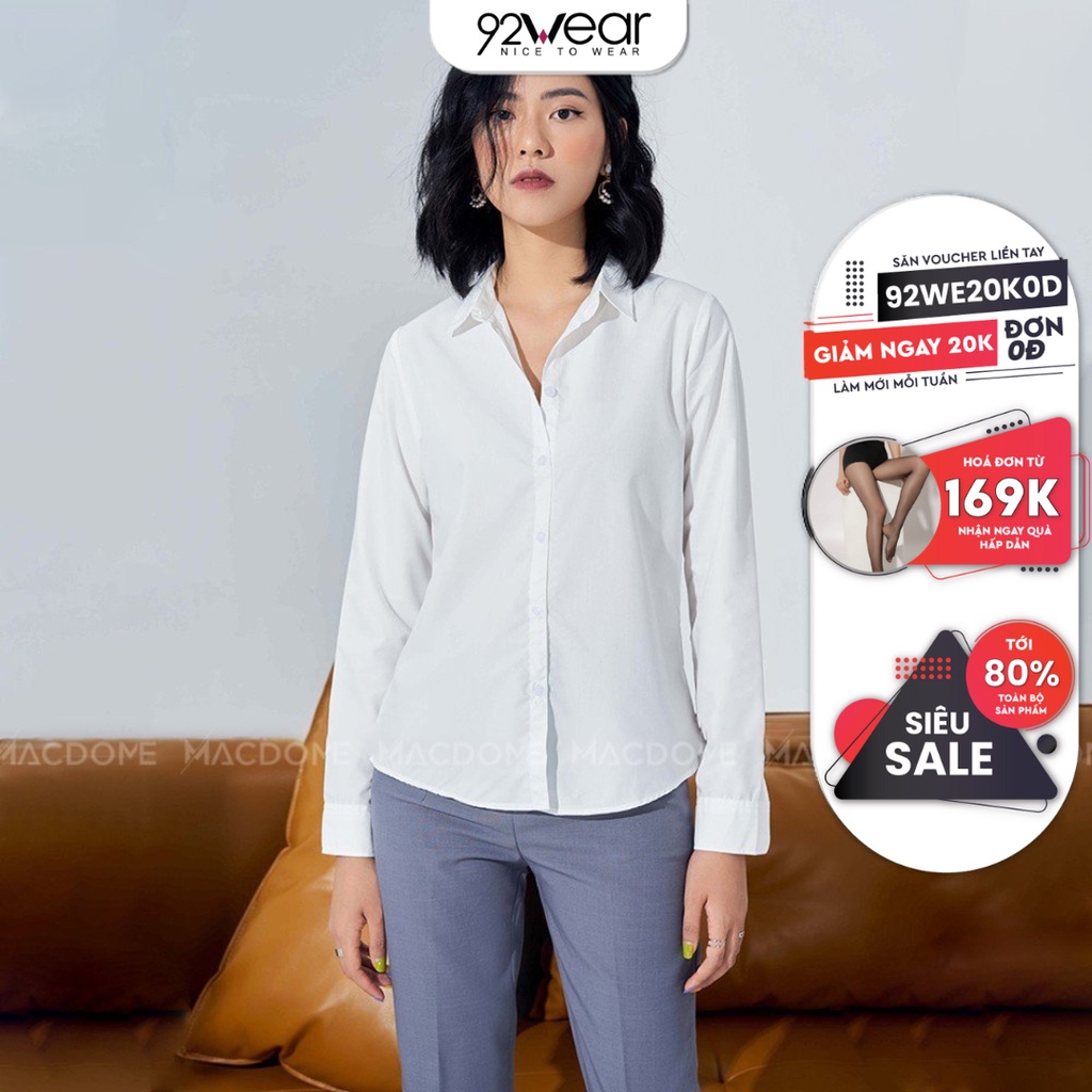 Áo sơ mi nữ 92WEAR dài tay form rộng kiểu sơmi màu trắng xanh đẹp thời trang công sở đi học AS001