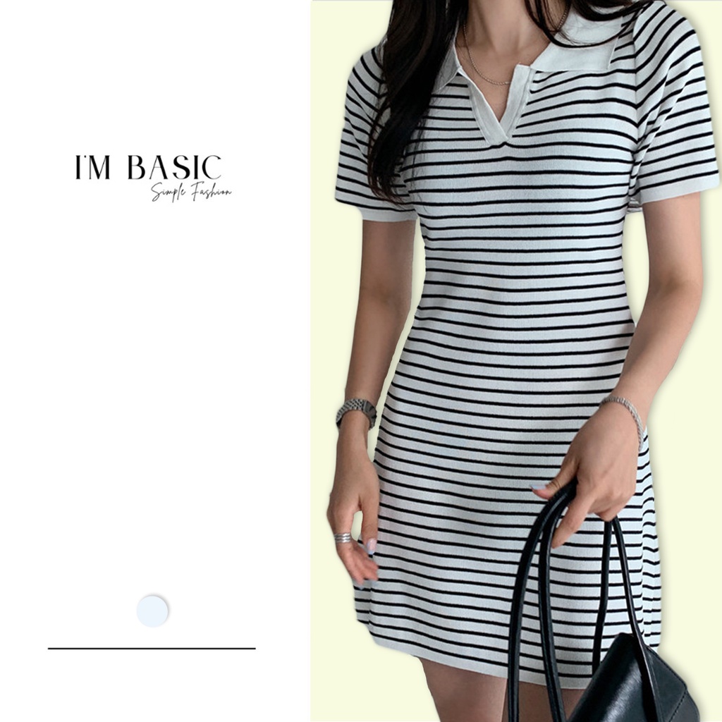 Váy Polo Dáng Suông Kẻ Ngang I'm Basic Girly Đầm Body Cổ Bẻ Ngắn Tay Chất Cotton Co Dãn 4 Chiều Ulzzang