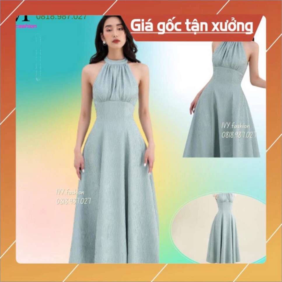 Đầm midi cổ yếm 🔥 vải gấm xốp 🔥 40 - 70KG xanh xếp ly dáng xoè dài ivy.fashion đi biển dự tiệc dạo phố bigsize gợi cảm