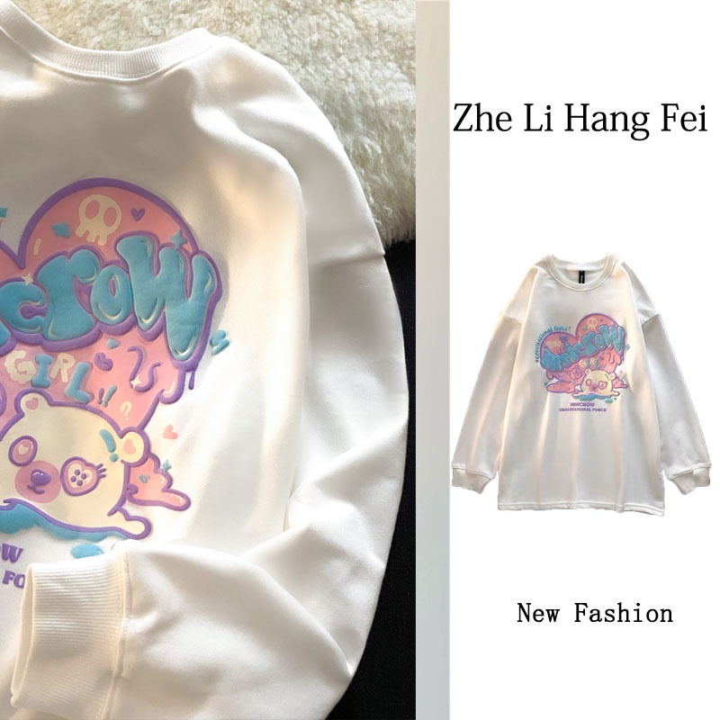 Áo thun ZHELIHANGFEI tay dài form rộng họa tiết in dễ phối đồ