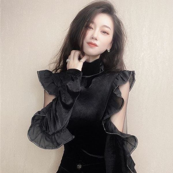 Hàng Có Sẵn Áo Sơ Mi Ôm Dáng Vừa Vặn Với Thiết Kế Rỗng Phối Bèo Và Nhung Vàng Gợi Cảm Thời Trang Mùa Thu 2022 Mới Cho Nữ