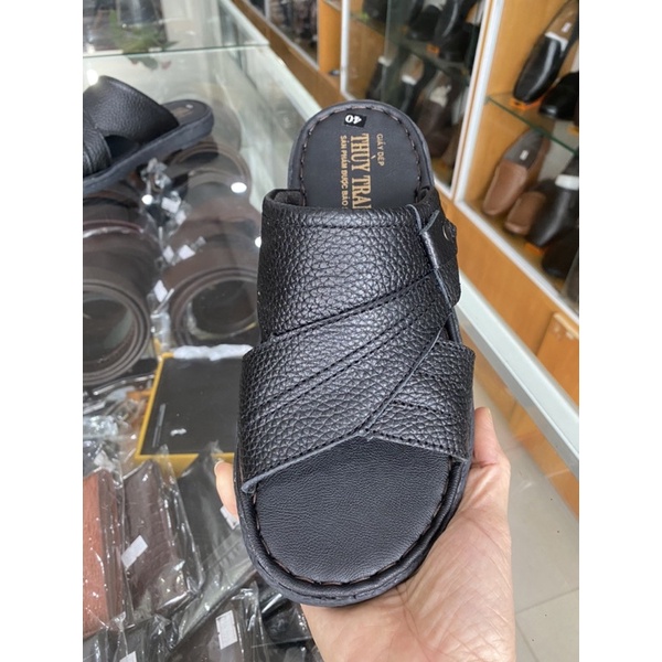 Dép nam quai ngang thời trang da ý đế cao su bản nút khâu viền chắc chắn