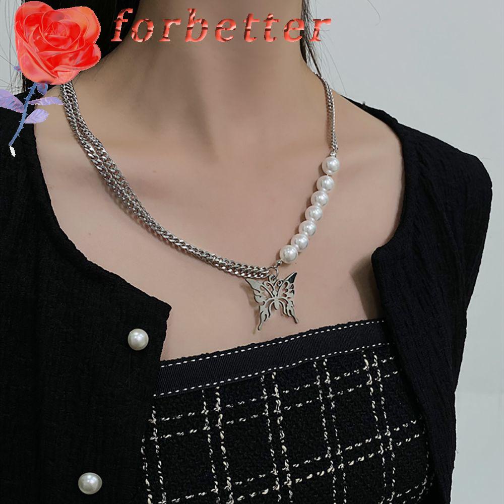 Vòng cổ choker bằng hợp kim mặt hình cánh bướm đính ngọc trai phong cách punk hip hop Hàn Quốc tinh tế cho nữ