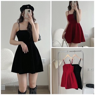 Đầm - Váy 2 Dây Nhung Dáng Xòe Sẵn Mút Ngực Kèm Quần Trong