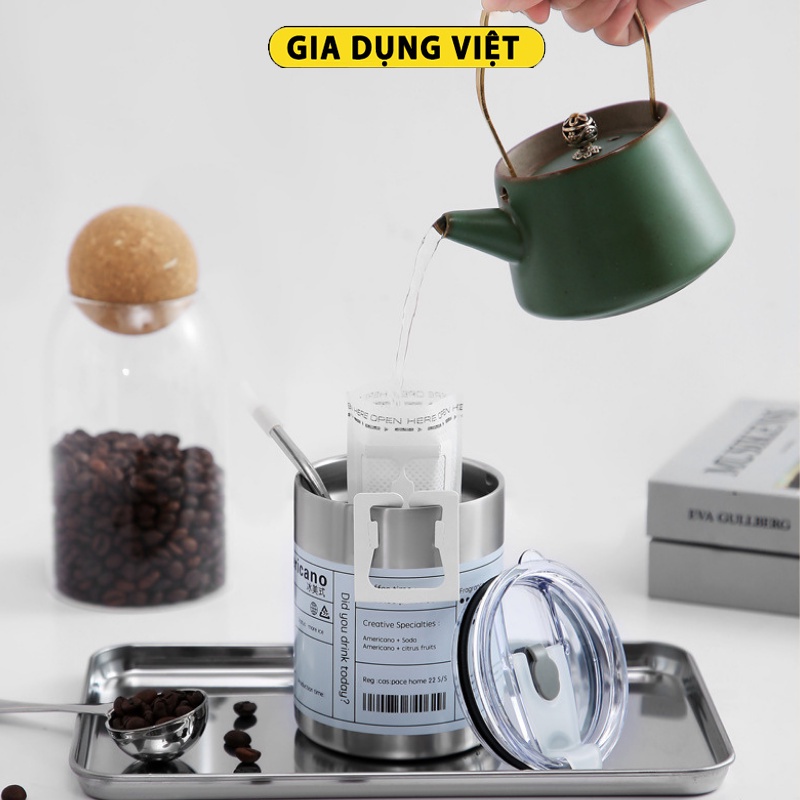 Bình đựng nước giữ nhiệt Iced Americano có ống hút dung tích 600ml, Ly cốc giữ nhiệt cute uống cà phê dùng văn phòng
