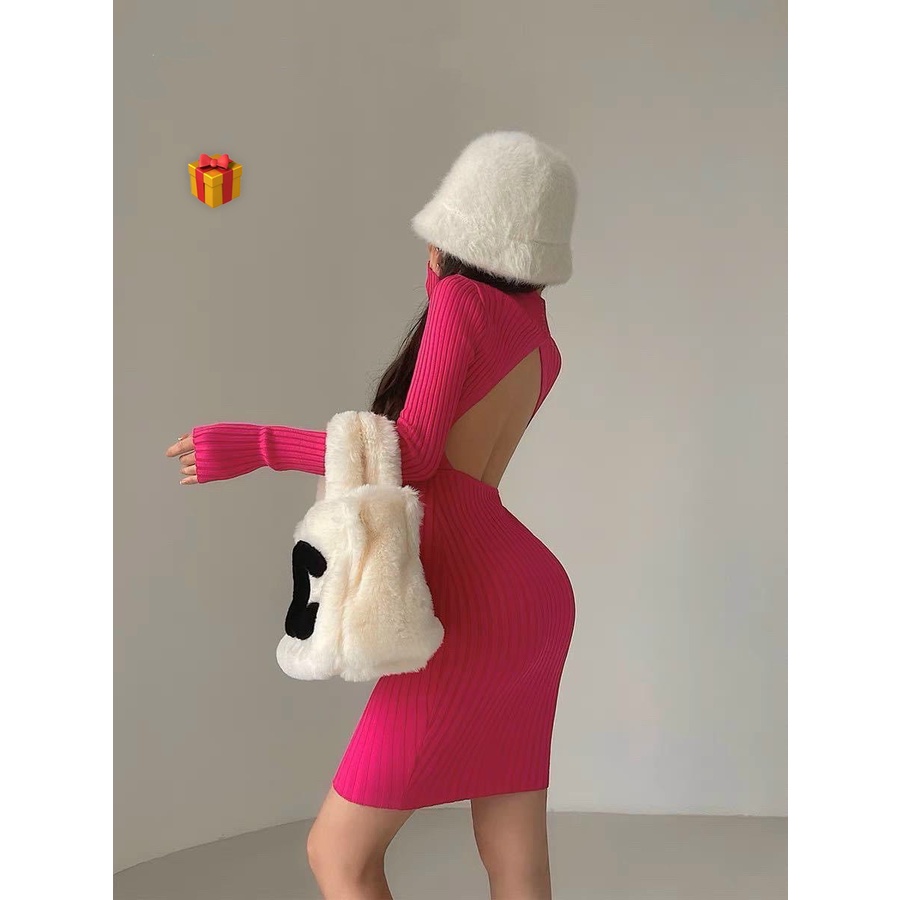 Đầm gân đũa tay dài ôm body hở lưng giọt nước cực hot , chất thun dày dặn