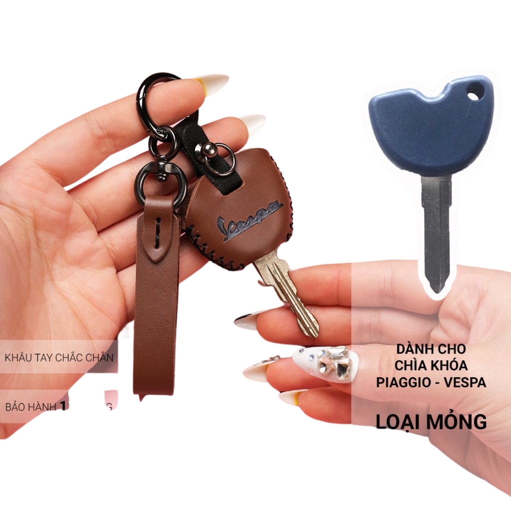 Bao da bảo vệ chìa khóa Piagio Vespa khâu tay thủ công, móc A hiện đại