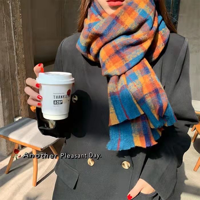 Khăn Choàng Cổ Dệt Kim Dày Dặn Họa Tiết Kẻ Sọc Kiểu Retro Hàn Quốc Thời Trang Thu Đông Cho Nữ