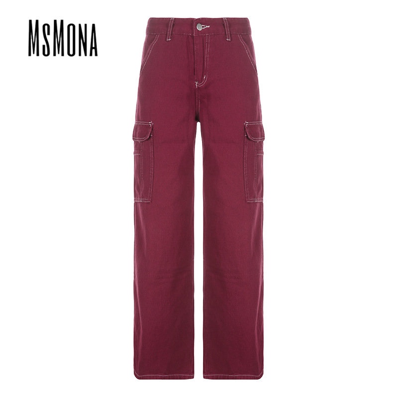 MsMona Quần Jean Ống Rộng Màu Đỏ Trơn Có Túi Thời Trang 2022 Cho Nữ