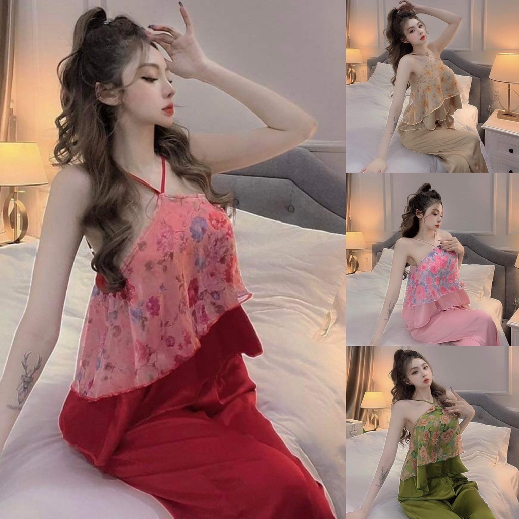 Đồ bộ nữ, đồ ngủ lụa satin, áo yếm voan tơ họa tiết