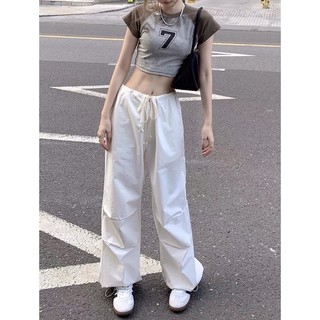 Set croptop số 7 + quần rút eo trắng suông s53 | sugarblingbling