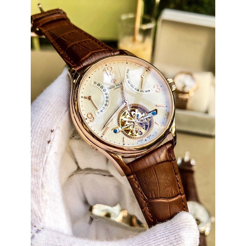 Đồng hồ Nam Patex 6kim cơ automatic máy nhật vàng có lịch thứ ngày trăng sao dây da