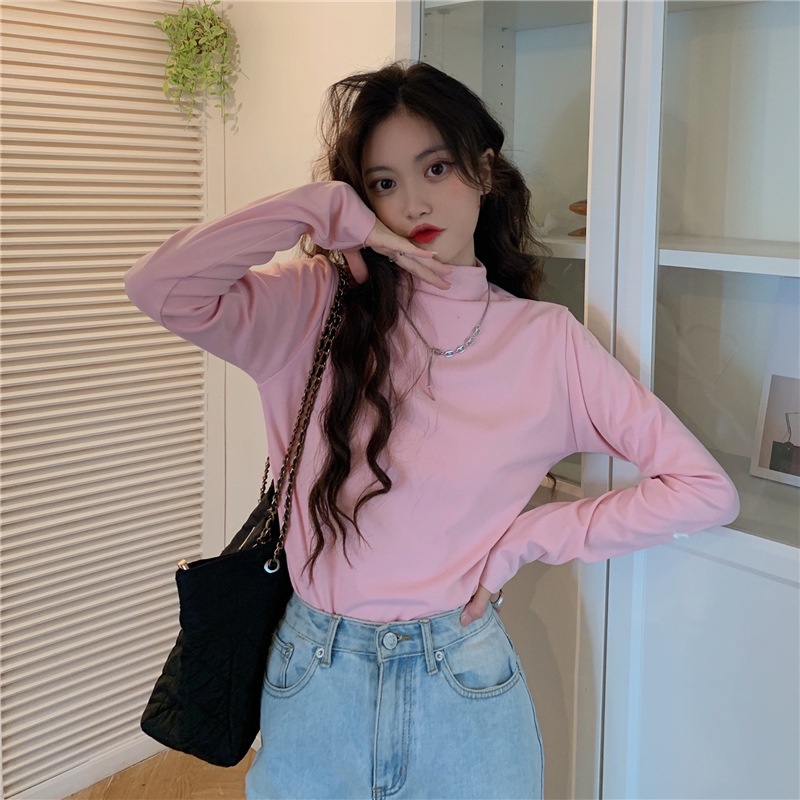 IELGY IELGY Áo Thun Nữ Dài Tay Cổ Lọ Màu Sắc Đơn Giản Phong Cách Hong Kong