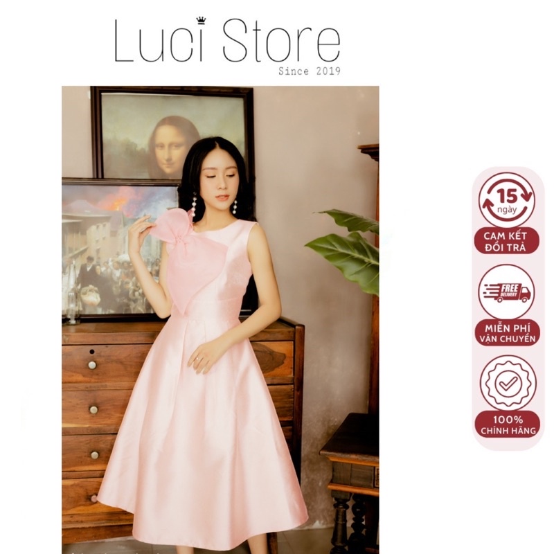 Đầm xoè thiết kế cao cấp dài qua gối phom chữ A không tay (sát nách) phối nơ ngực đi ti