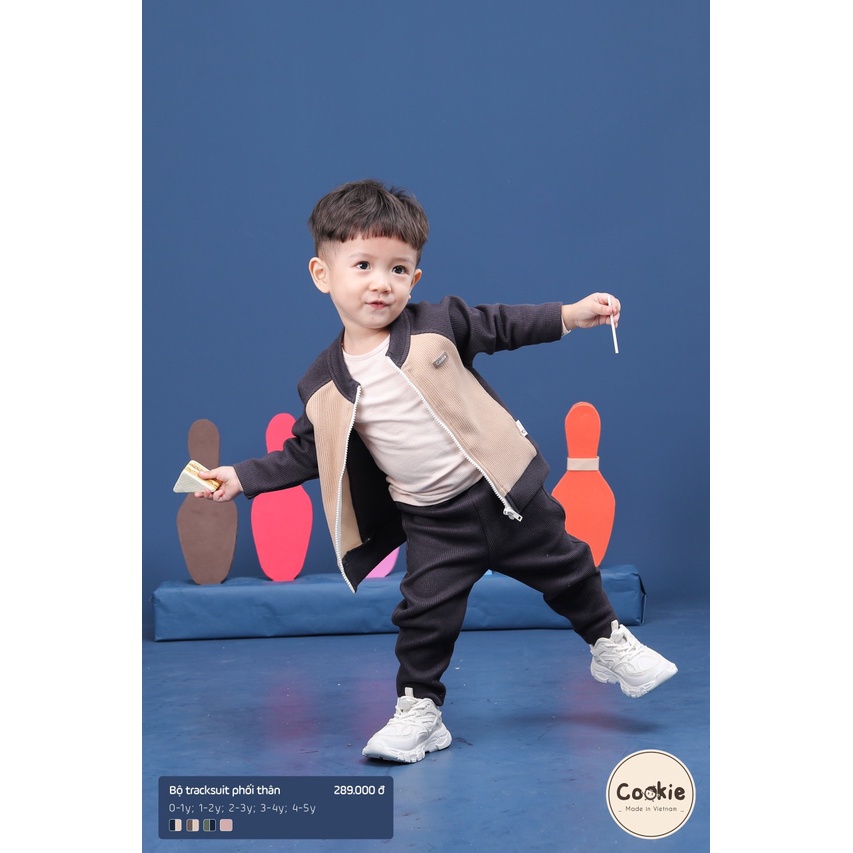[CHÍNH HÃNG] Bộ quần áo dài tay tracksuit thể thao phối thân kéo khóa họa tiết trẻ em Cookie