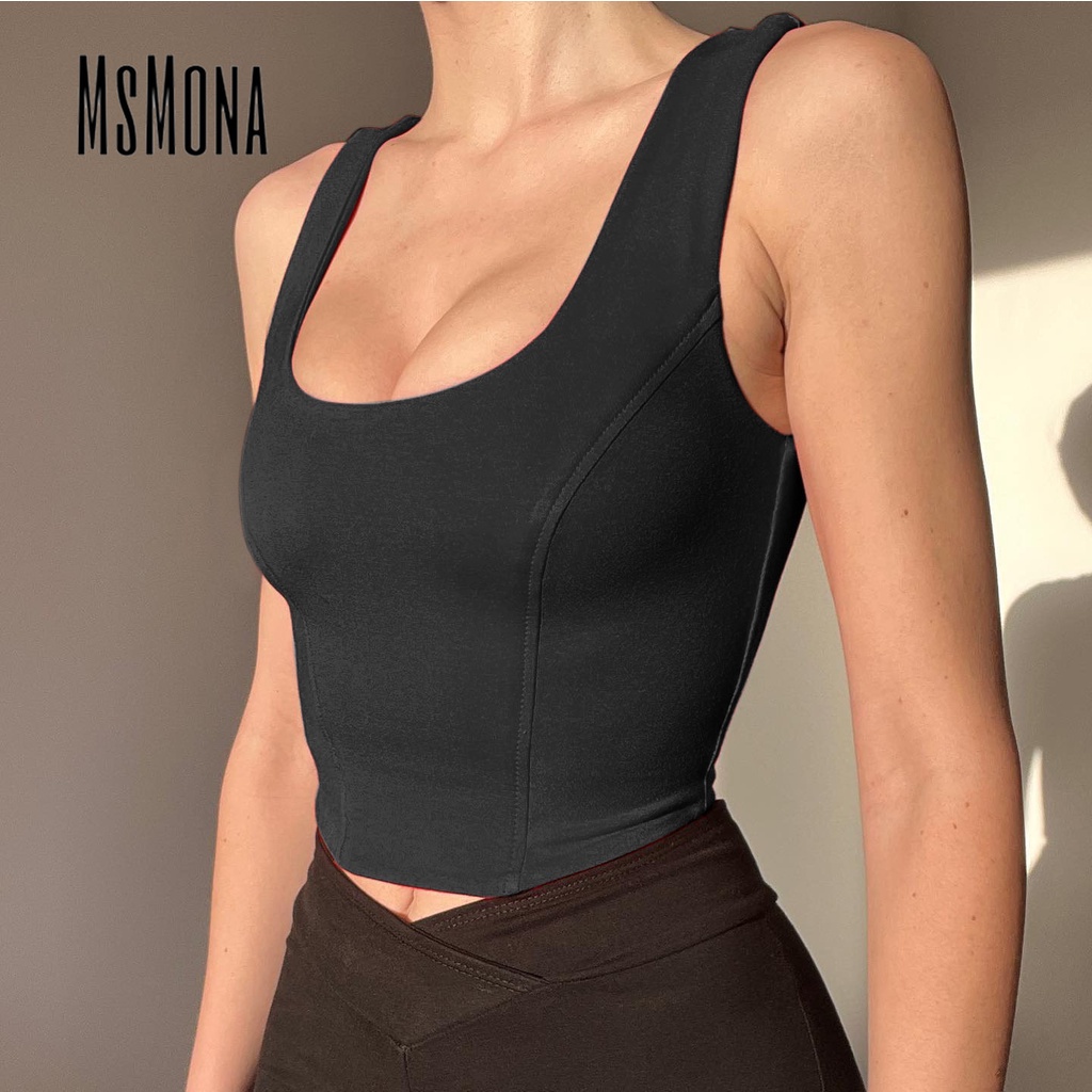 MsMona Áo Tank Top Cổ Chữ U Màu Trơn Thời Trang 2022 Quyến Rũ Cho Nữ