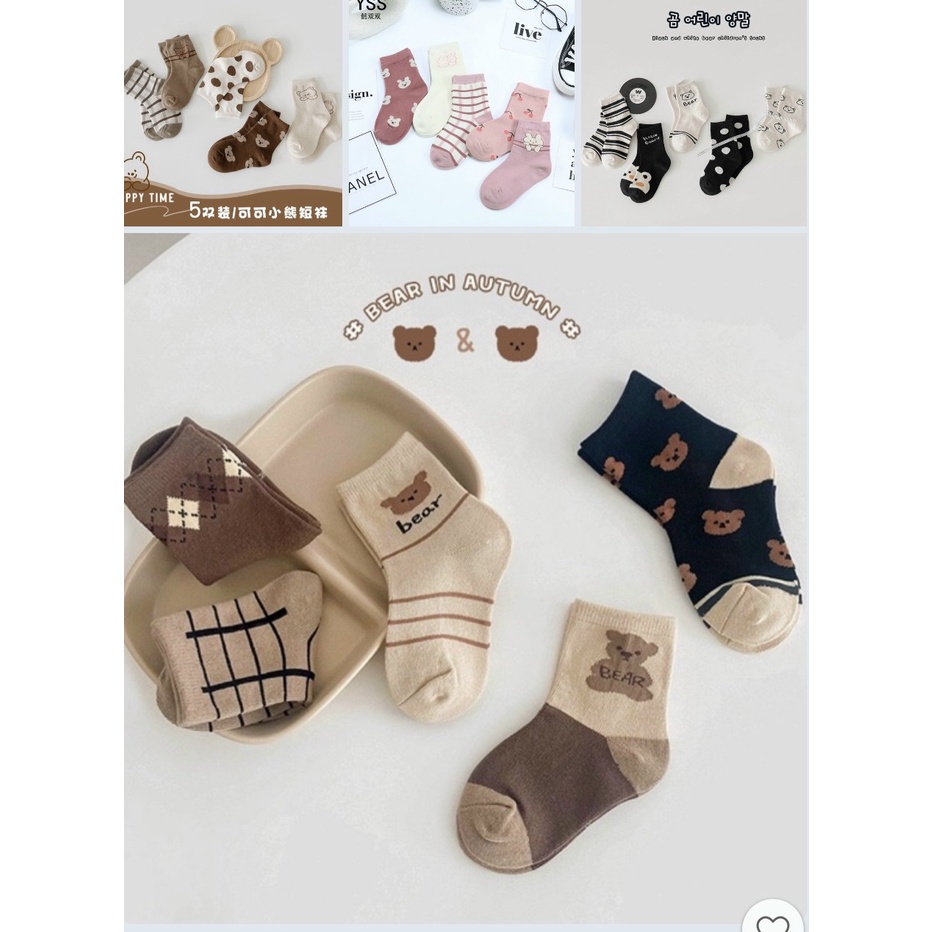 Set 5 đôi tất cao cổ hình gấu chất len cao cấp dày dặn ấm áp cho bé từ 2-5 tuổi
