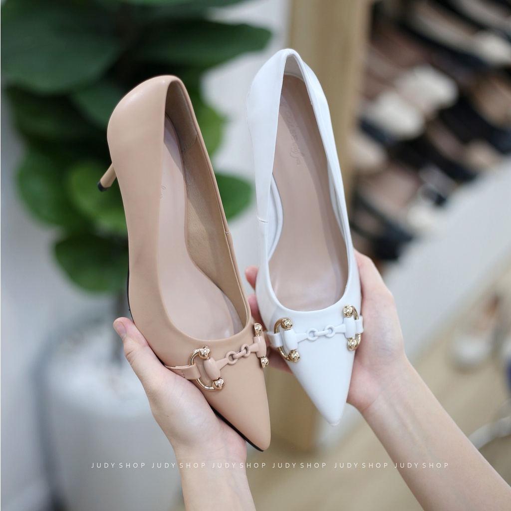 Giày Gót Đũa COLEE Mũi Nhọn Khuy Nối Ánh Kim Cao 8p
