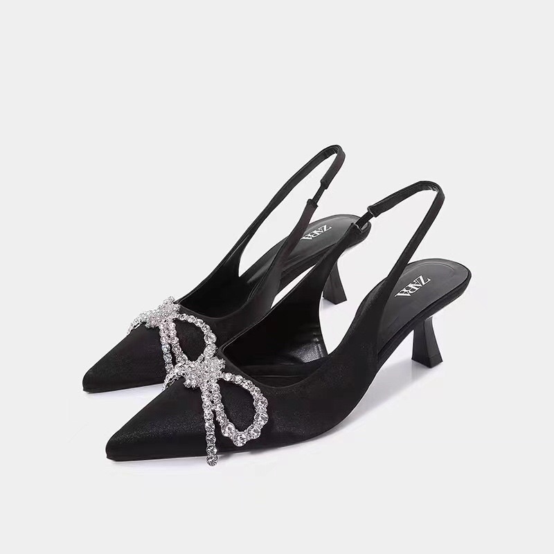 Giày ZR mũi nhọn đính nơ đá đế 5cm NMINE STORE hàng FULLBOX LOGO