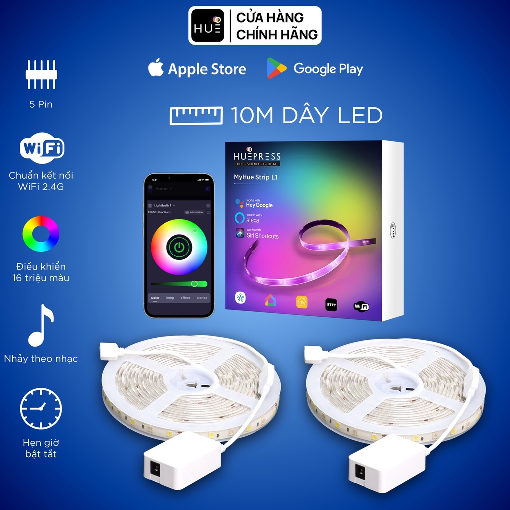 2 Bộ đèn led dây HuePress thông minh RGBCW WiFi/4G - 5050 10mm 16 triệu màu, nháy theo nhạc