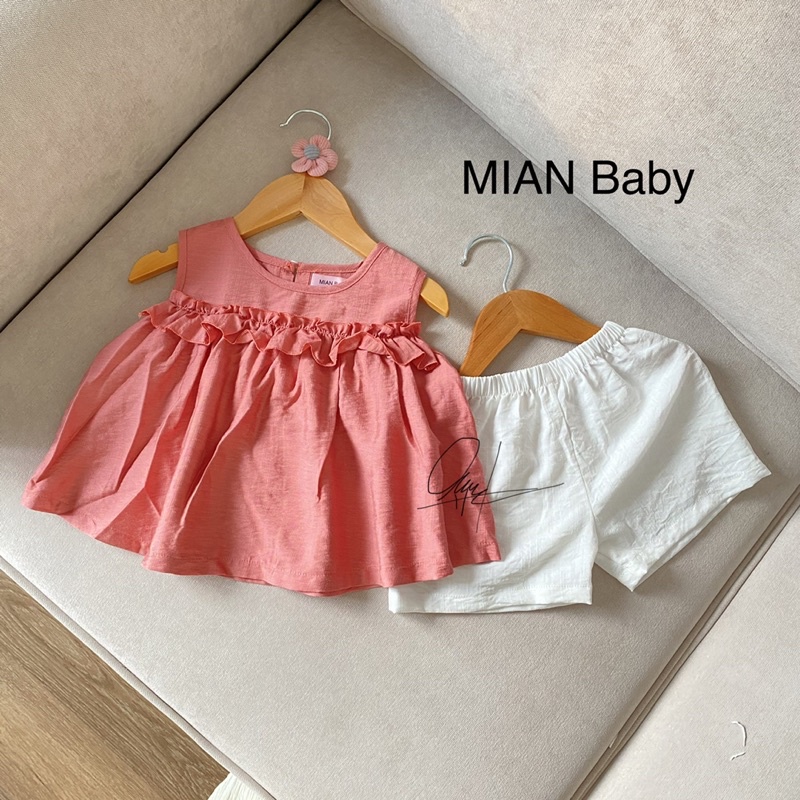 Bộ sát nách bèo ngực đũi lụa hồng cho bé gái MIAN Baby