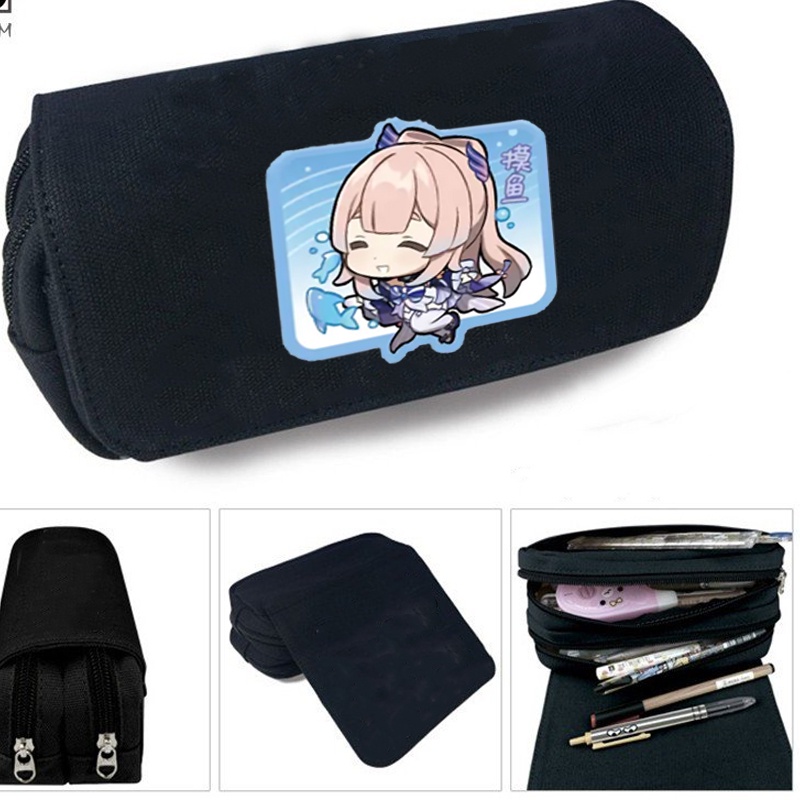 Hộp bút vải canvas khóa trắng in hình GENSHIN IMPACT ver CHỮ NHẬT CHIBI đi học tiện lợi game anime chibi
