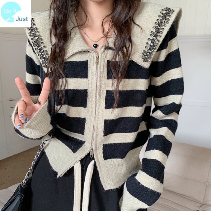 Áo Khoác Sweater Dệt Kim Cổ Thủy Thủ Dáng Rộng Ngắn Phối Màu Tương Phản Thời Trang Thu Đông 2022 Mới Cho Nữ